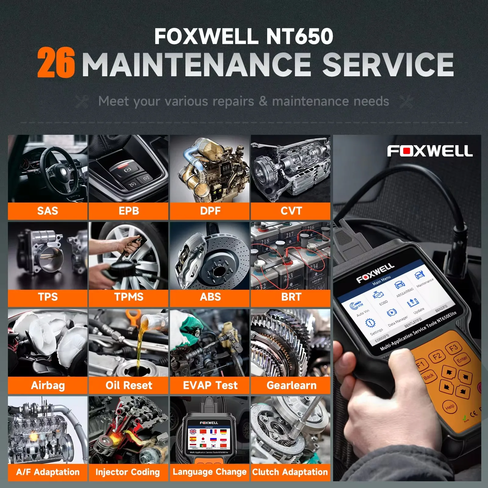 FOXWELL NT650 Elite OBD2 Car Scanner ABS Airbag Diagnostic Tools Code Reader SAS EPB DPF TPMS BRT Oil 26 Reset Auto Scan Tool