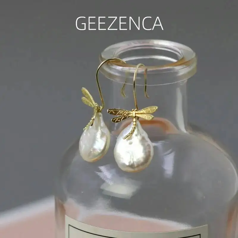 

GEEZENCA 925 Sterling Silver 18K Gold Dragonfly Baroque Pearl Dangle Earrings For Women Designer Chic Cute Earring 2024 New Gift
