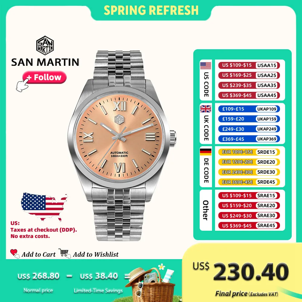 

San Martin 39mm Men Dress Automatic Mechanical Watch Steel YN55 Roman Numeral Sunray Dial Business Watches Sapphire 10Bar SN0050