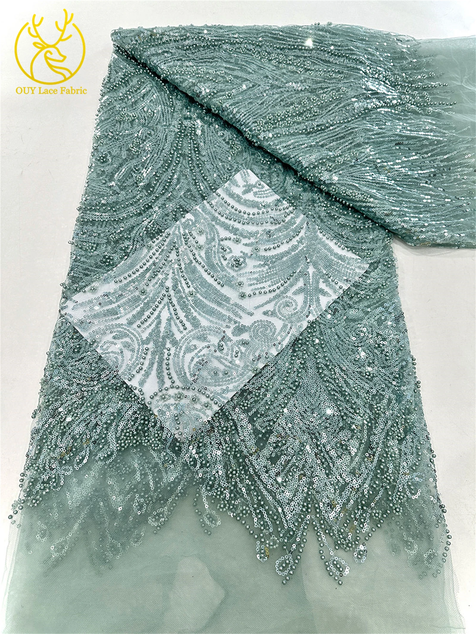 Beautiful African Beaded Sequin Lace Fabric 2025 High Quality French Nigerian Mesh Tulle Lace Fabric for Bridal Wedding Dresses