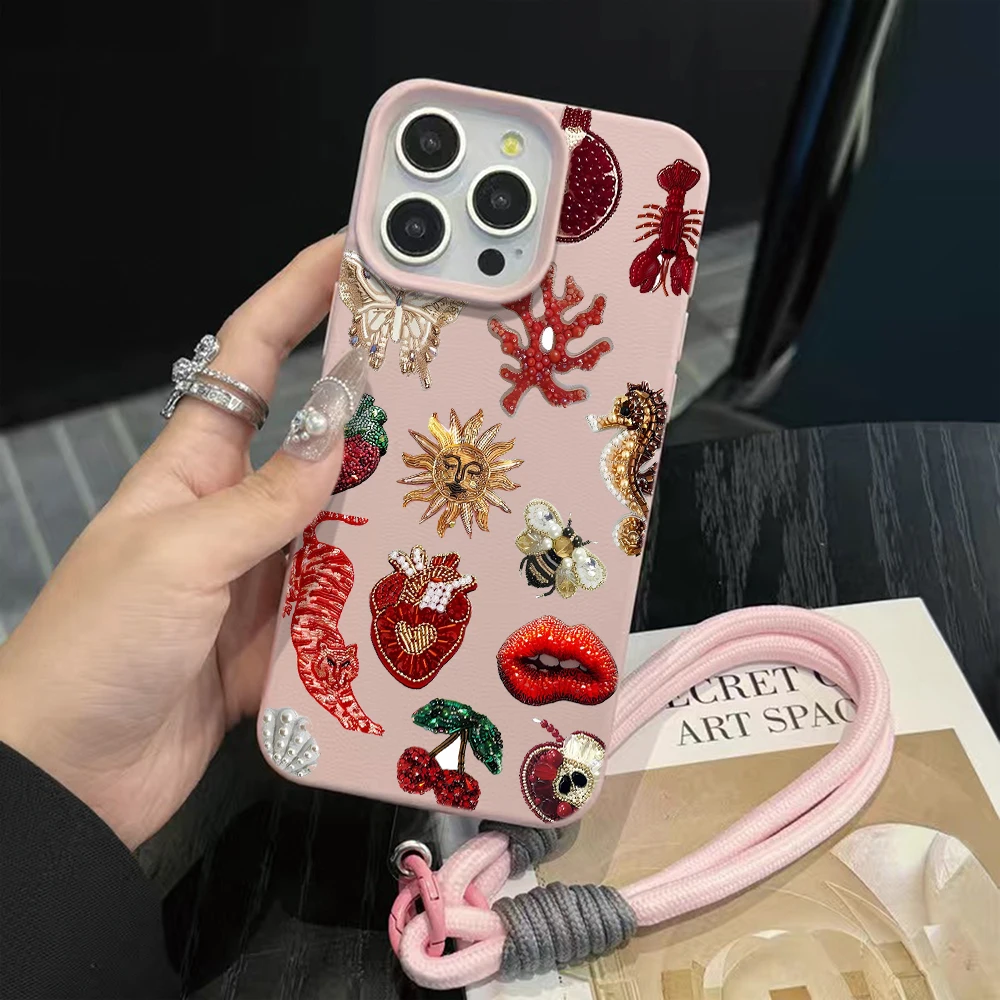 Luxuriöse Collage-Handschlaufenhülle für iPhone 13 14 Pro Max Hüllen iPhone 11 12 17 ProMax 13 15 Plus XR mit Lanyard Weiche Abdeckung – Detail 3