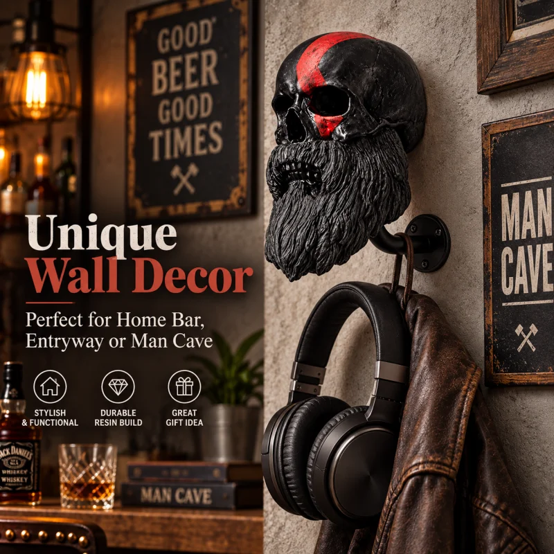 Bearded Skull Resin Wall Hook Red Stripe Gothic Decor Heavy Duty Coat Hanger for Home Bar Garage Man Cave