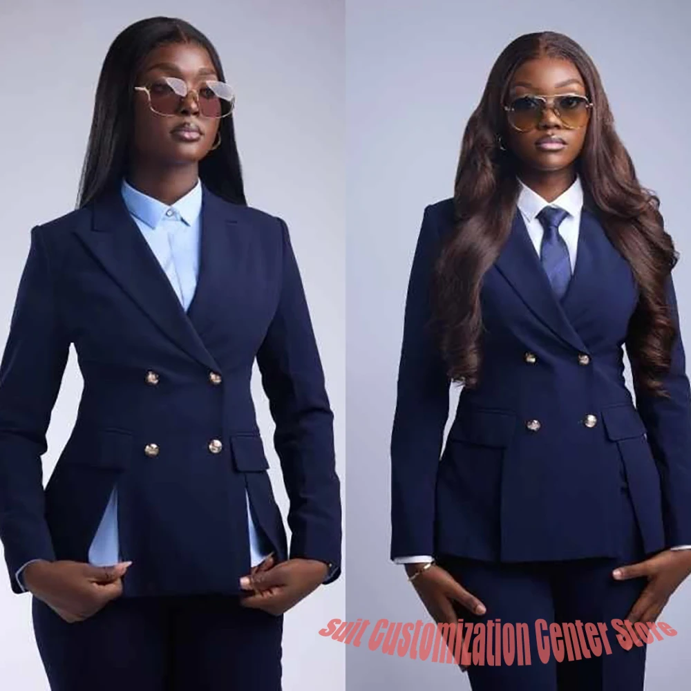 Classic Women's Navy Blue 2-Piece Suit Set Jacket Pants Double Breasted Blazer with Slit Formal Business Office Lady Wear