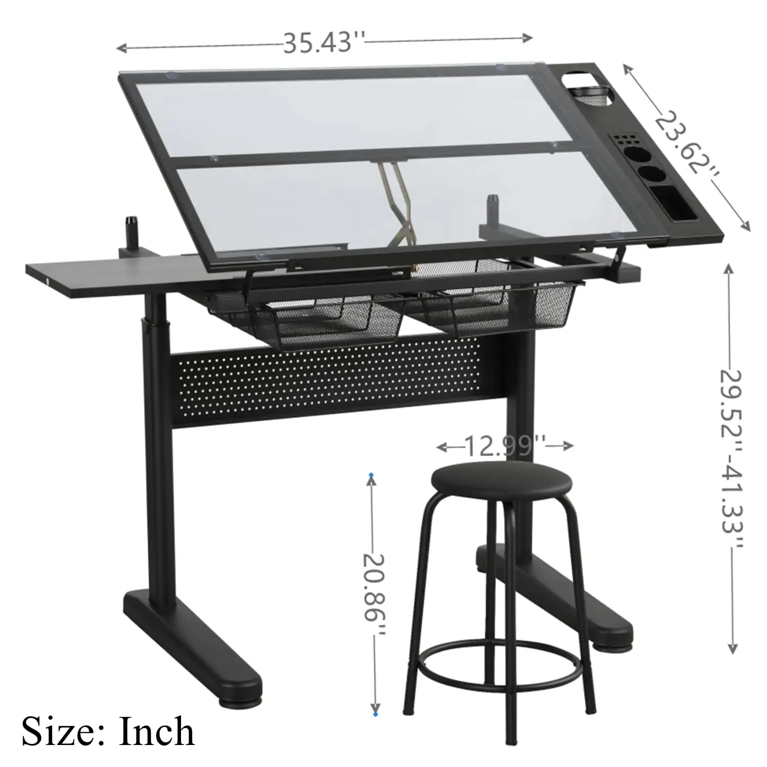 Hand Crank Adjustable Height Art Desk, 0-75° Tilting Glass Top & Storage for Craft, Custom