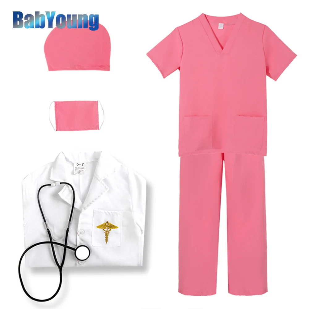 Traje de médico e enfermeira para crianças, uniforme branco, traje cosplay, baile de máscaras, roupas de performance, meninos e meninas, show, 2024