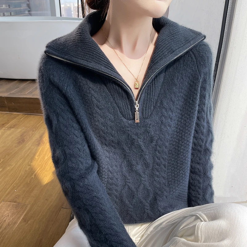 Half zip 100% Merino wool new fall/winter cashmere sweater Women's lapel pullover warm bottom knit shirt top