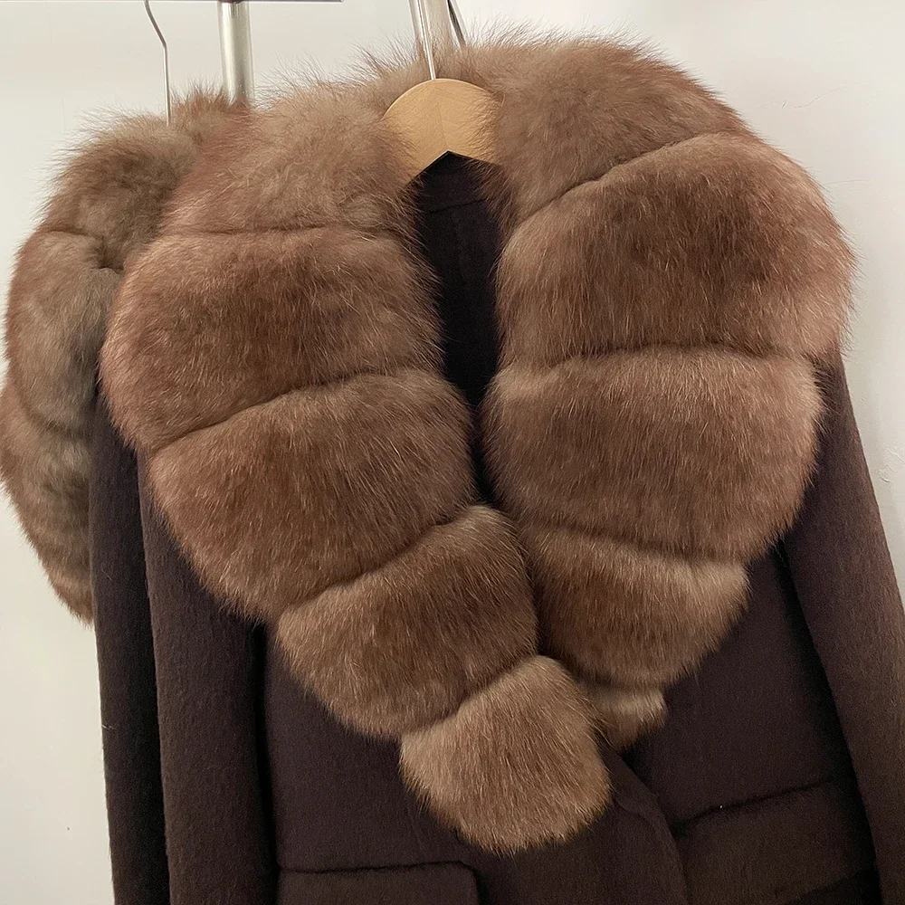OFTBUY Neue Winterkleidung Damen Langer Doppelreihiger Wollmantel mit Echtem Pelzkragen Modische Lässige Natürliche Fuchspelz-Wolljacke – Detail 5