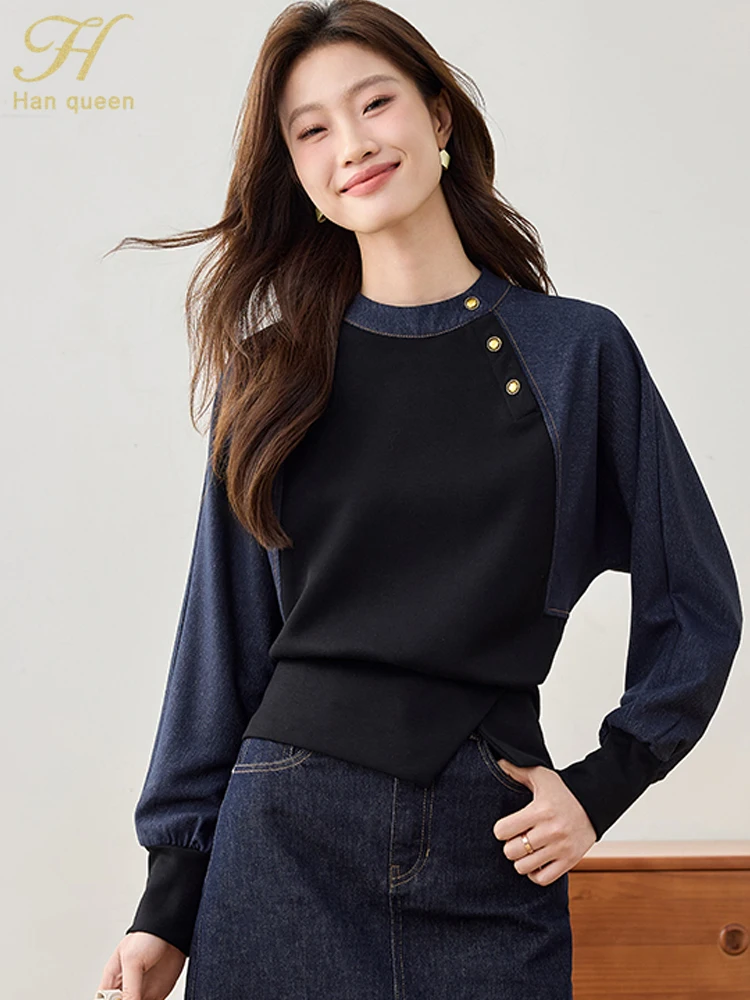 

H Han Queen Autumn Casual Patchwork Denim Shirt Korean Style Loose Blouses Women Simple Office Chiffon Blouse Long Sleeve Tops