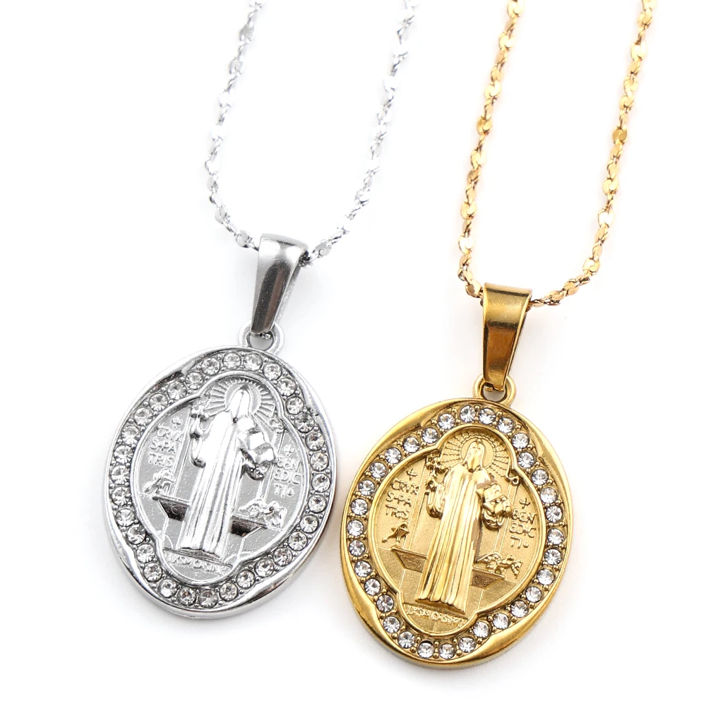 Catholic Rhinestones Saint Benedict Medal Cross Pendant Necklace for Women Men Stainless Steel San Benito Hip Hop Chain Jewelry