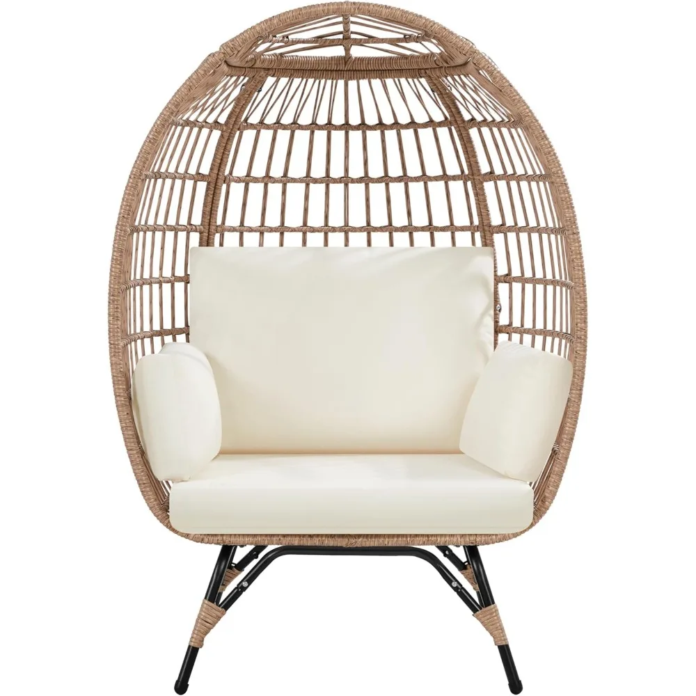 Egg Rattan Chair, Indoor/Outdoor PE Rattan Egg Basket Lounge Chair w/ 4 Cushions, Oversized Egg-Shaped Chair w/Metal Frame Stand