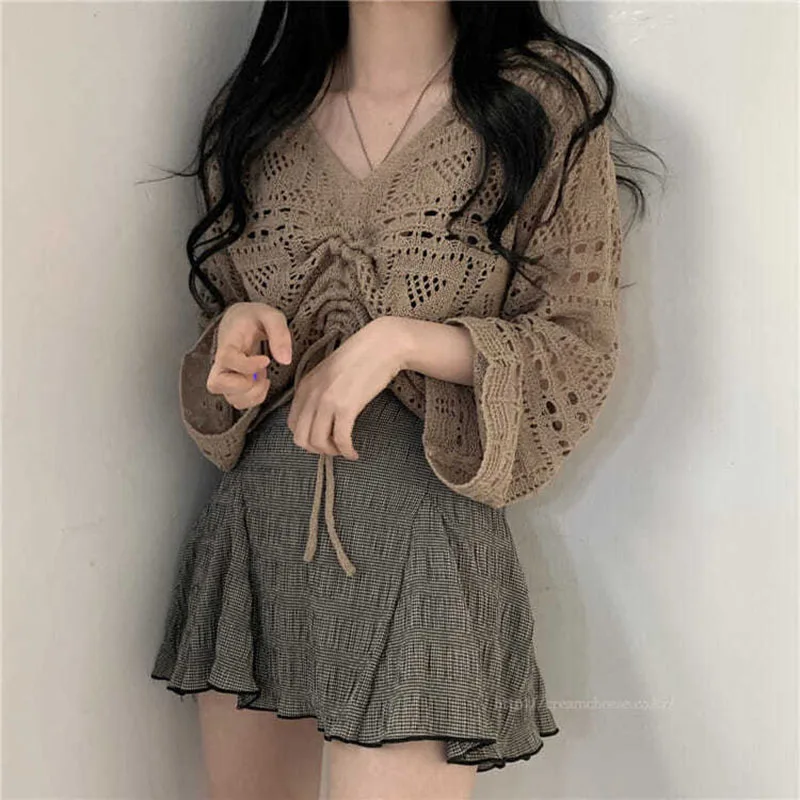 Lucyever Vintage Thin Hollow Out Sweater Women 2024 Spring Summer New French Knit Pullover Female Shawl Sun Protection Short Top