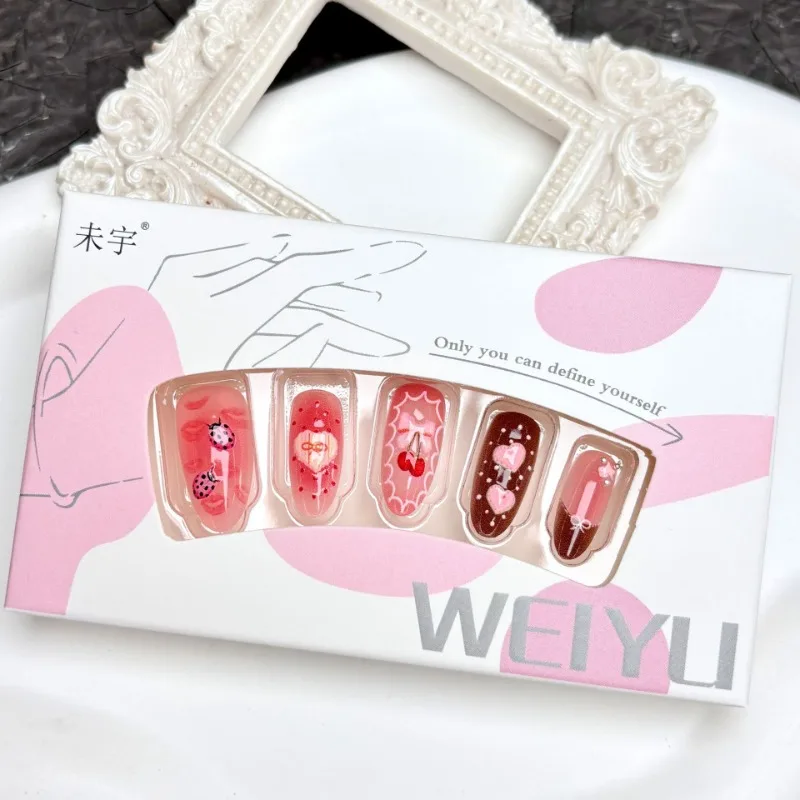 24 قطعة رسالة حلوة اضغط على الأظافر لطيف الكرز Bowknots الخنفساء الفراولة ديكور الأظافر كاذبة أحمر الخدود الوردي اللوز وهمية مسمار XS/S/M #4