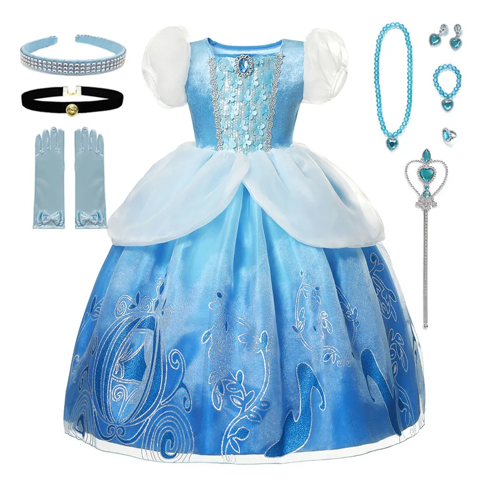 Disney Princess Dress Suit Charm for Girls Cosplay Cinderella Belle Aurora Snow White Mesh Ball Gown Carnival Birthday Costume