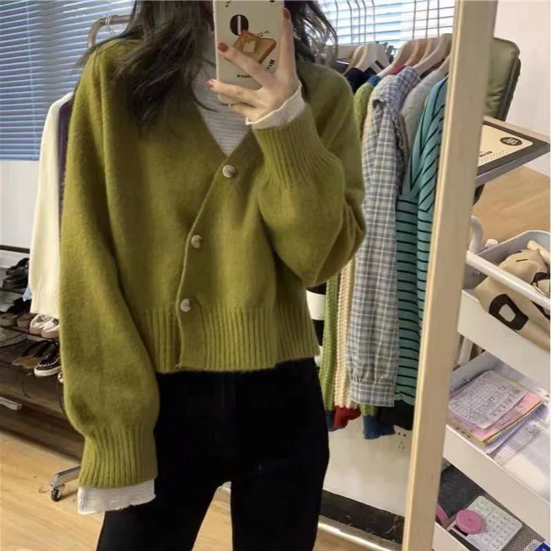 Autumn Winter Button Knit Sweaters Tops Fashion V-Neck Women Korean Loose Long Sleeve Solid Jumpers Casual Office Lady Cardigans