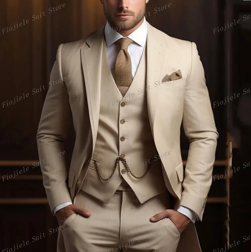 New Khaki Men Suit Business Tuxedos Formal Occasion Groom Groomsman Wedding Party Prom Male 3 Piece Set Blazer Vest Pants