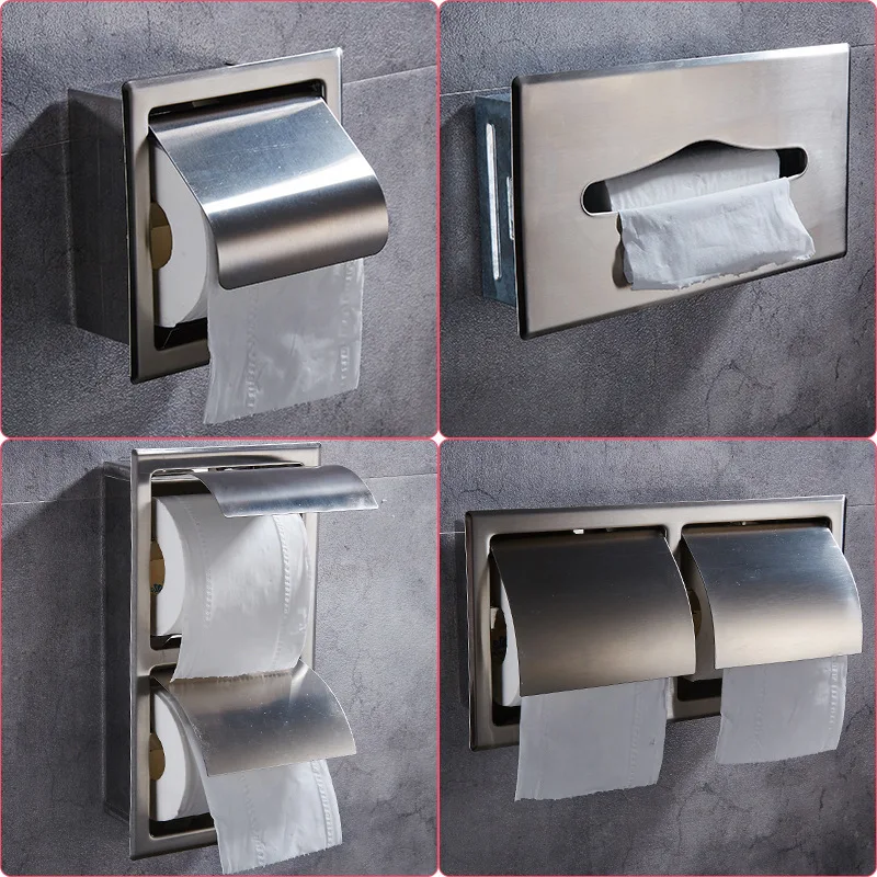 Wall Mounted Stainless Steel Embedded Toilet Paper Holder Hidden Bathroom Tissue Box