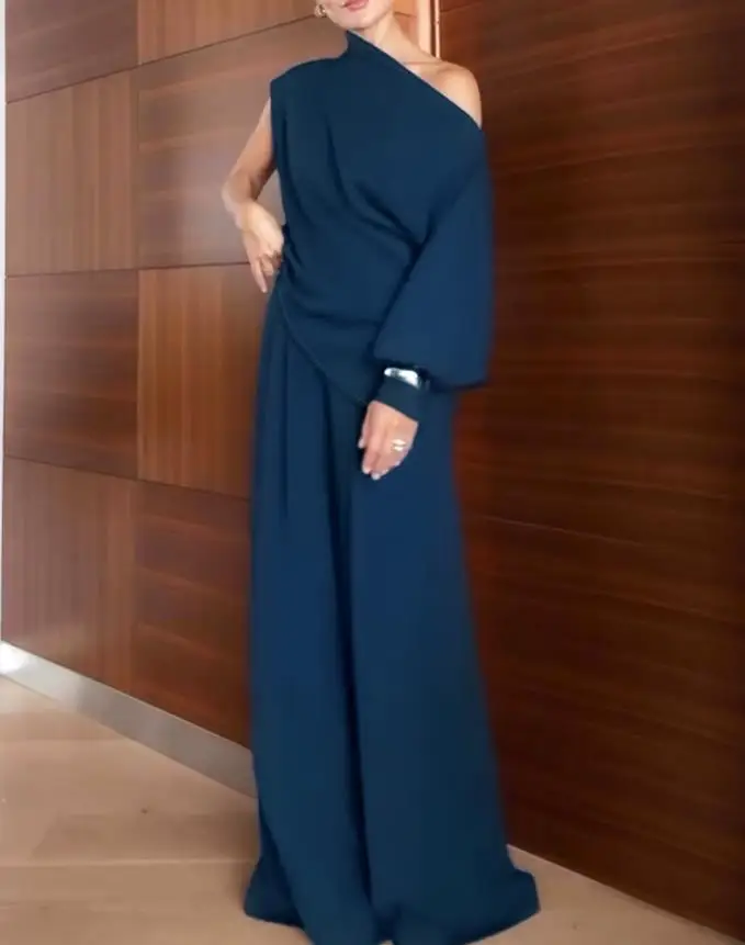 

New 2 Pieces Outfit Skew Neck Asymmetrical Lantern Sleeve Side Slit Top Casual Button Zipper Side Pleated Wide Leg Pants Set