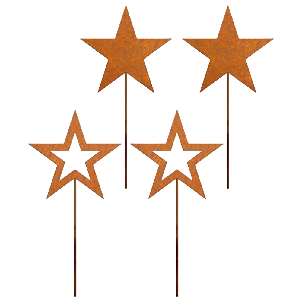 Rustic Metal Star Garden Stakes Set Of 4, Vintage Weathered Outdoor Decor For Patio, Lawn And Seasonal Yard Display, 25 Cm