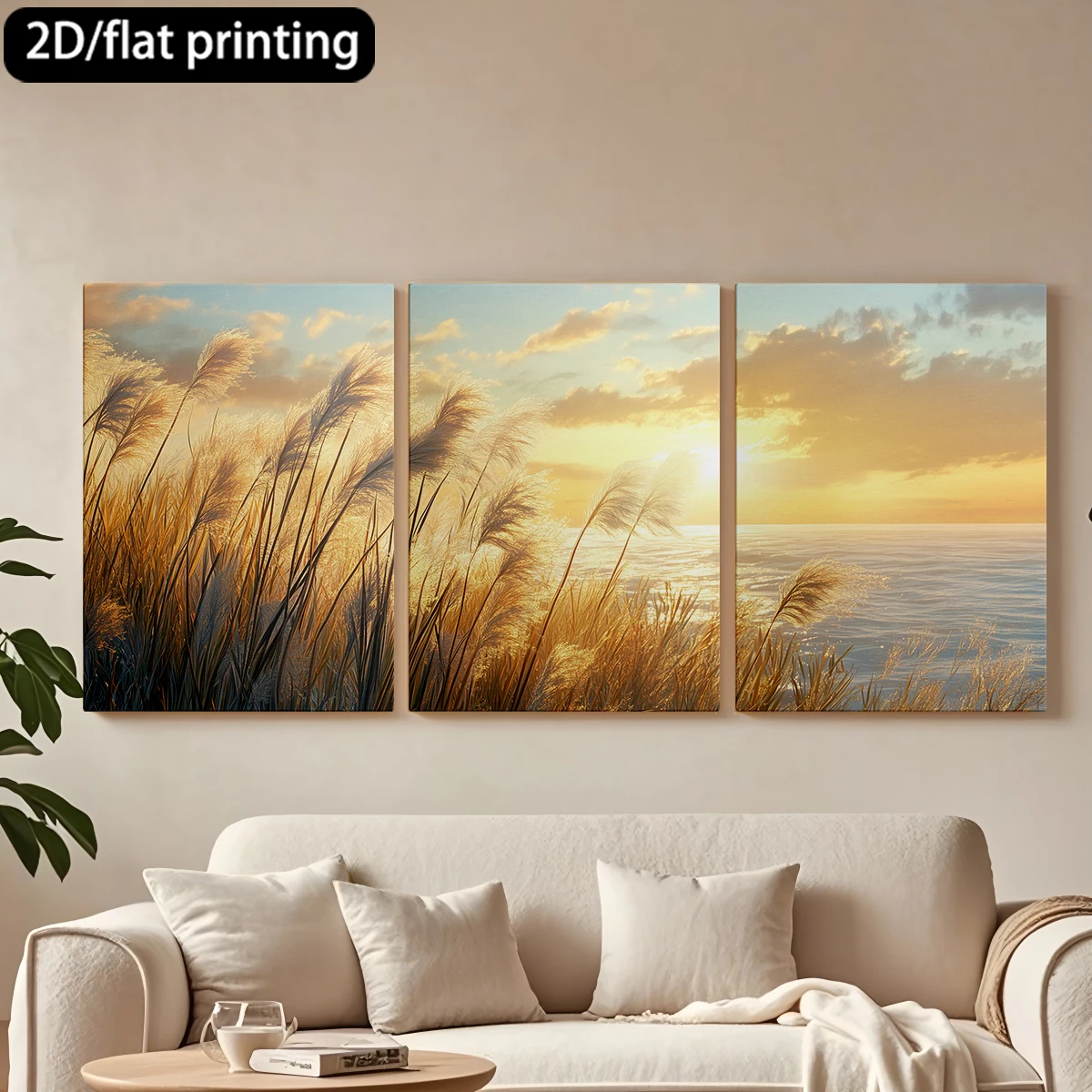 

3pc wooden frame canvas decorative paintingGolden-hued reeds, sea, radiant sunset.Corridor bedroom decoration
