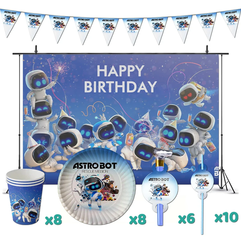 Astro Bot Decoraciones para fiesta de cumpleaños Juego en suministros temáticos Banner Tazas Platos para niños