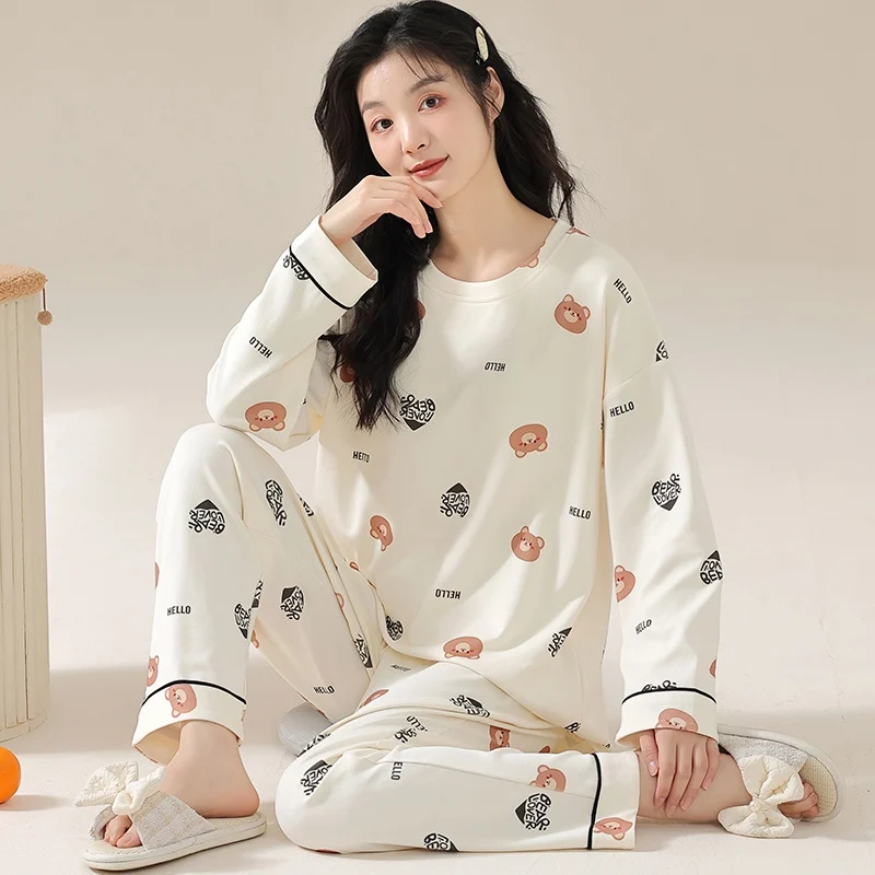 Conjunto de Pijama con estampado de algodón para Mujer, ropa de dormir de manga larga, de talla grande, estilo coreano, 2024