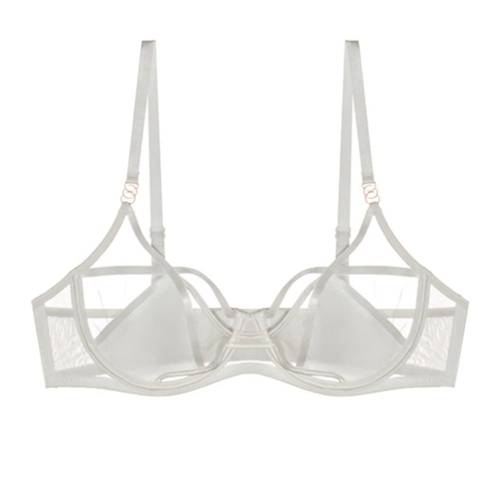 Sexy Ladies Black Strappy Cutout Mesh Bra Underwire Support Unlined Transparent Cups Adjustable Thin Straps Intimate Lingerie