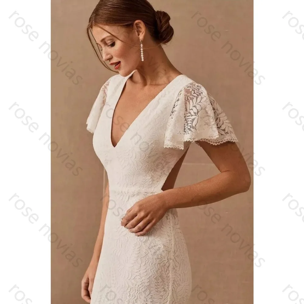 Customized White Elegant Wedding Dresses V-Neck A-line High Quality with Lace Slit for Floor-length for Bespoke Occasion Party