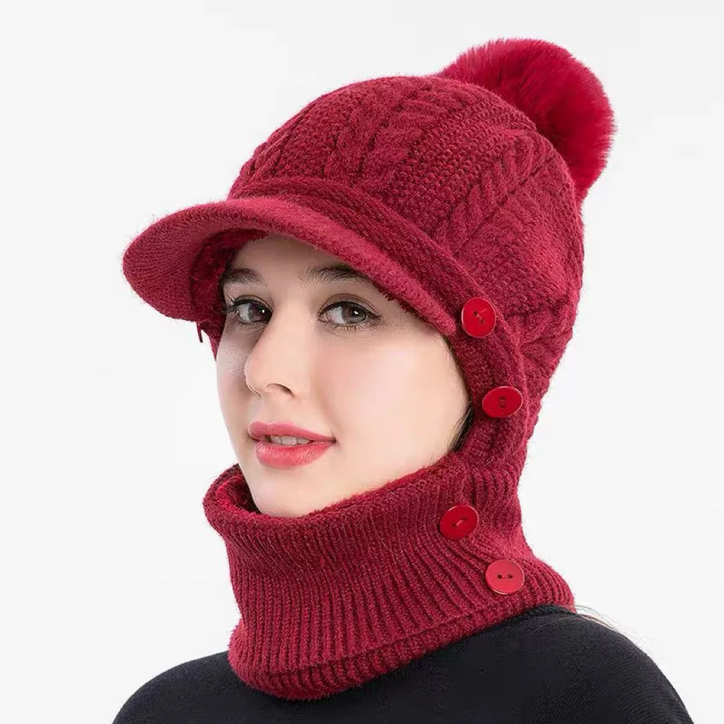 Thickened Knitted Woolen Hat Women's Autumn Winter Outdoor Cycling Hat Windproof Fleece Lined Integrated Cap for Cold Weather