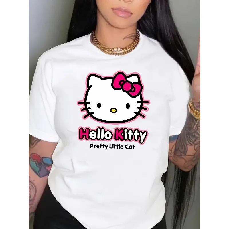 

Hello Kitty Cute Cartoon Cat Pattern Women's T-shirt Casual Short-sleeved Round Neck Top Cotton Fashion Loose Women's T-shirt