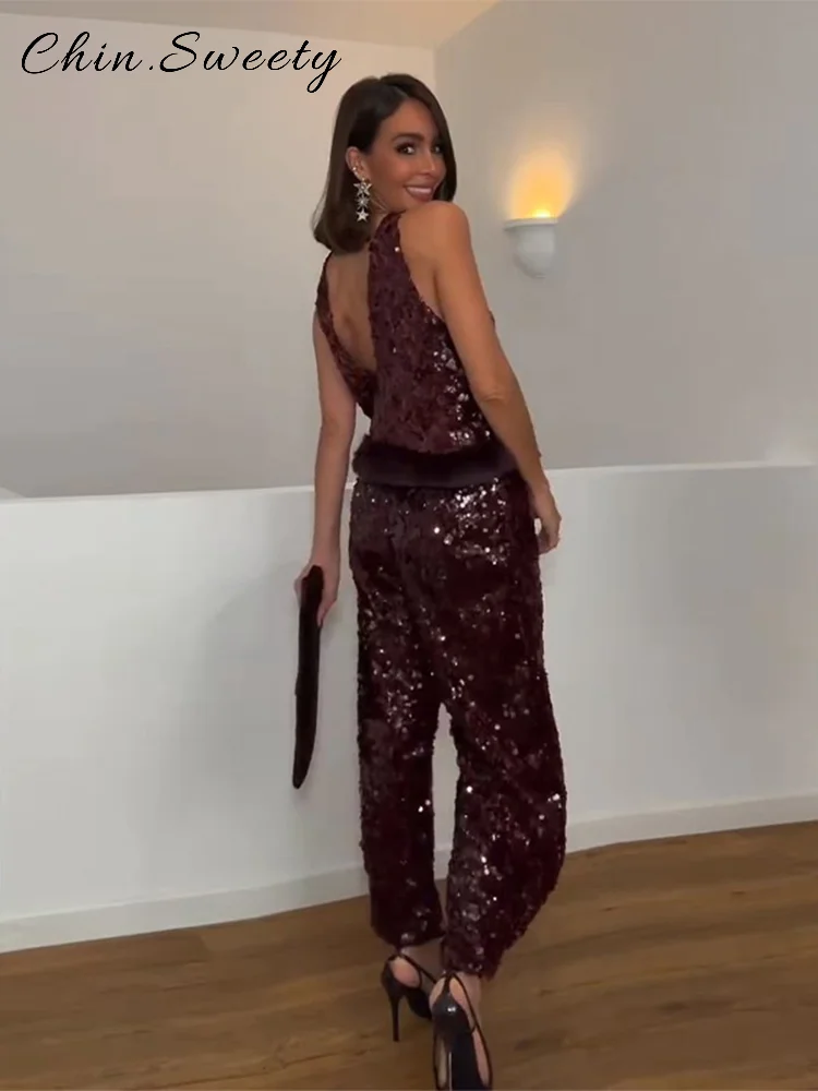 Conjuntos de pantalones y chaleco de plumas empalmados con lentejuelas para mujer, Tops sin mangas con cuello redondo y espalda descubierta, pantalón de pierna ancha, traje de fiesta para primavera 2026