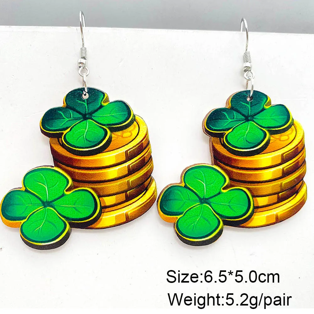 New St. Patrick's Day Wooden Earrings Clover Lucky Grass Gold Umbrella Dwarf Earrings Irish Green Festival Decorative Gift