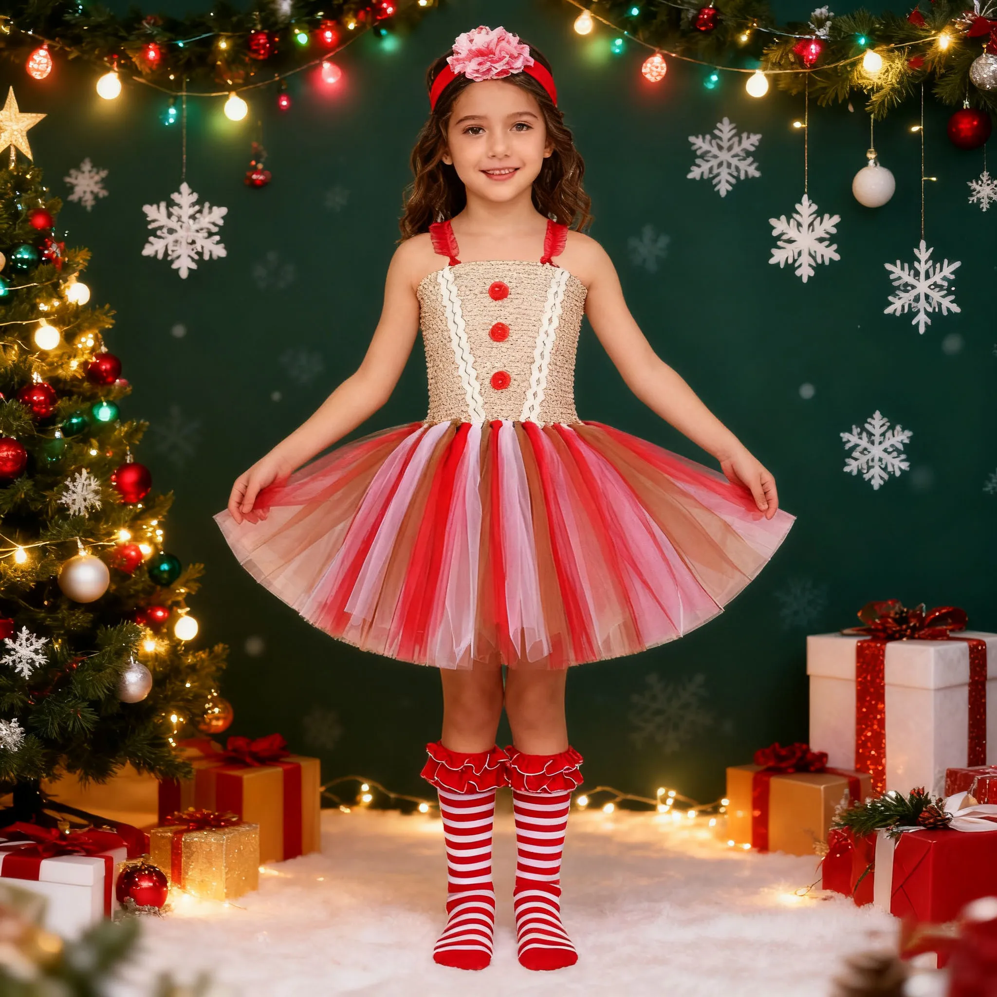 

Girl Christmas Dresses Kids Mesh Cookie Costumes For Girls With Socks Headband Children Holiday Party Fancy Dress Up Clothes