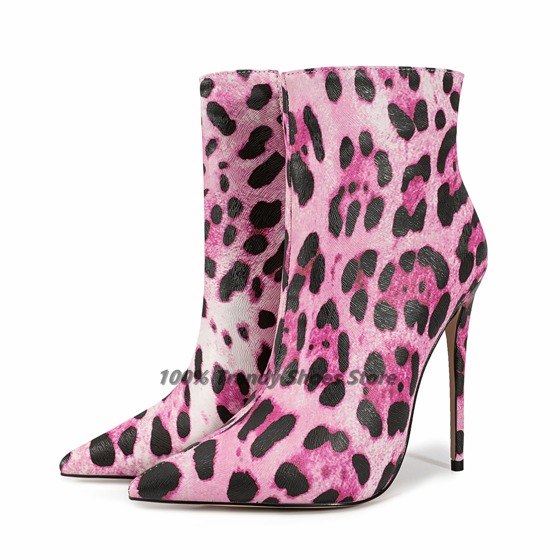 Leopard Print Side Zipper Pointed High-heeled Short Boots For European and American Foreign Trade Fashion Models Nude Boots