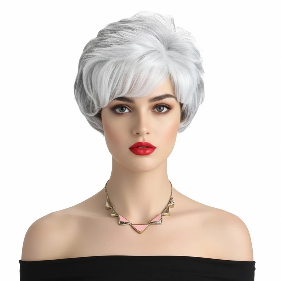

White Mixed Gray Wig Short Fluffy Curly Synthetic Wigs with Bangs for Women Daily Party Fake Hair Realistic Looking