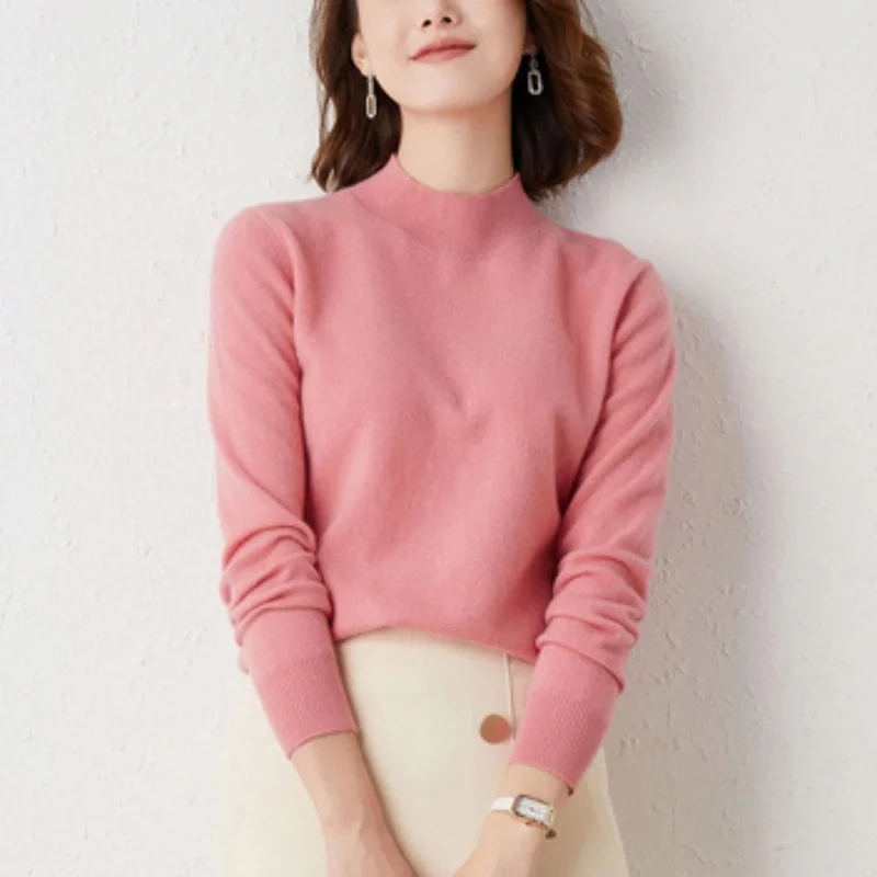 2025 Winter Half Hoge Kraag Elegante Gebreide Tops Herfst Lange Mouw Effen Slanke Vrouwen Trui Casual Trui Truien