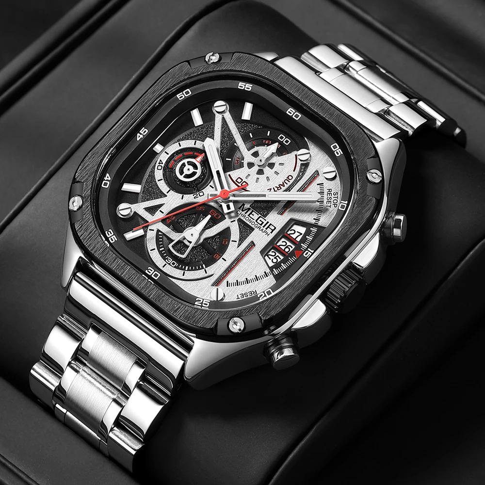 MEGIR Silver Quartz Watch Men Waterproof Square Dial Wristwatch Fashion Chronograph Stainless Steel Strap Luminous Hands Date