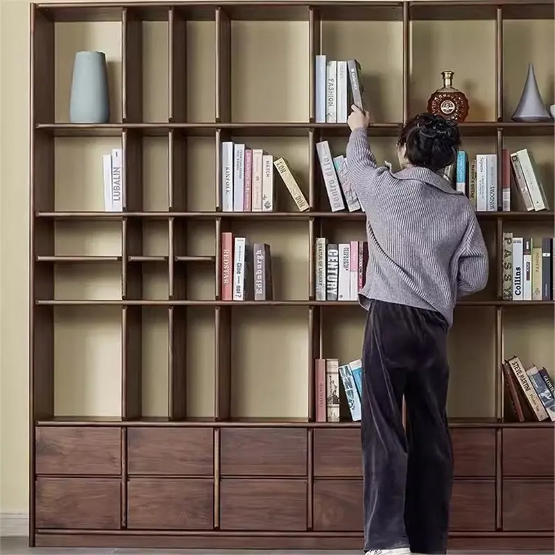 Simple, North American black walnut floor-to-ceiling bookshelf, Nordic solid wood whole-wall bookcase, living room storage dis