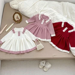 2024 New Autumn European American Style Baby Girl Party Dress Long Sleeved Knitted Kids Princess Dresses Children Knitting Dress