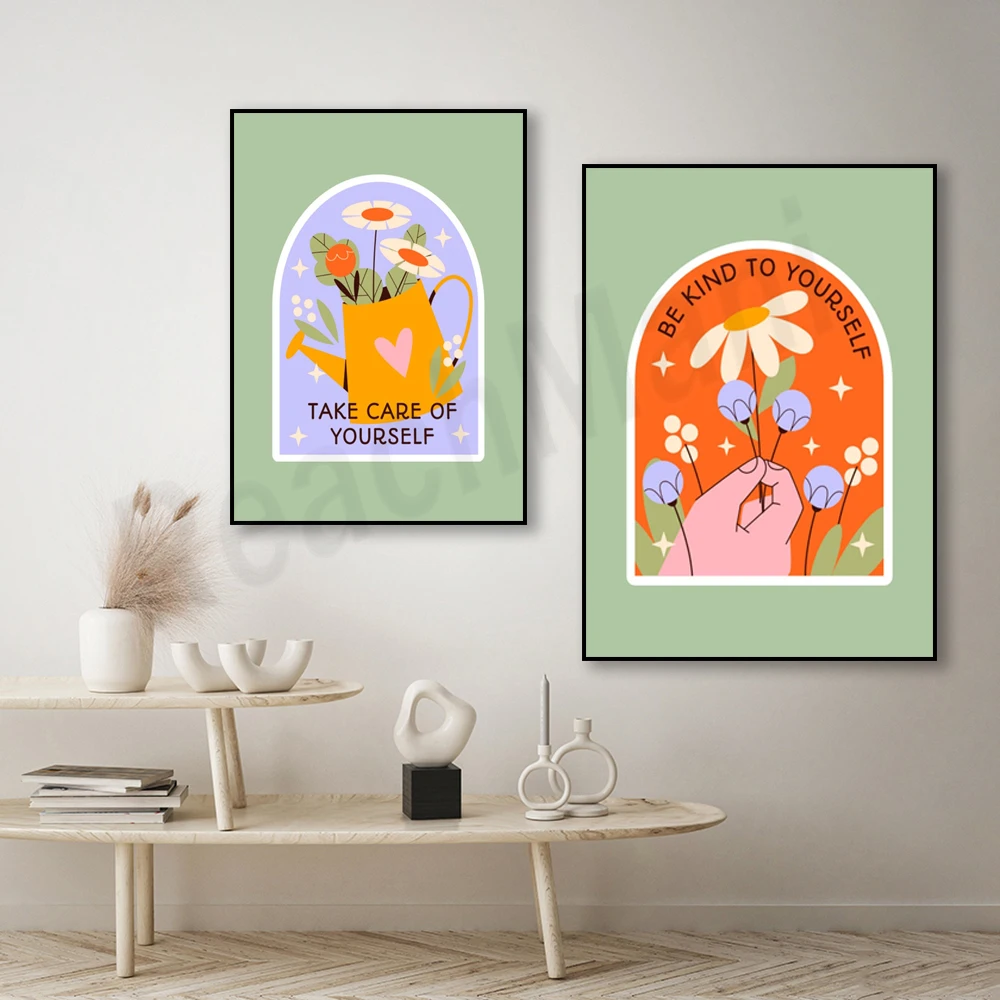 Soyez bon avec vous-même. Affiche murale « Prenez soin de vous-même », soins personnels, pleine conscience, esthétique florale pastel vintage