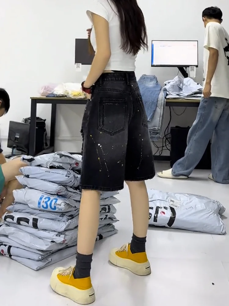 Large size ripped denim shorts for women summer 2025 new high waist cropped pants black wide leg length pants