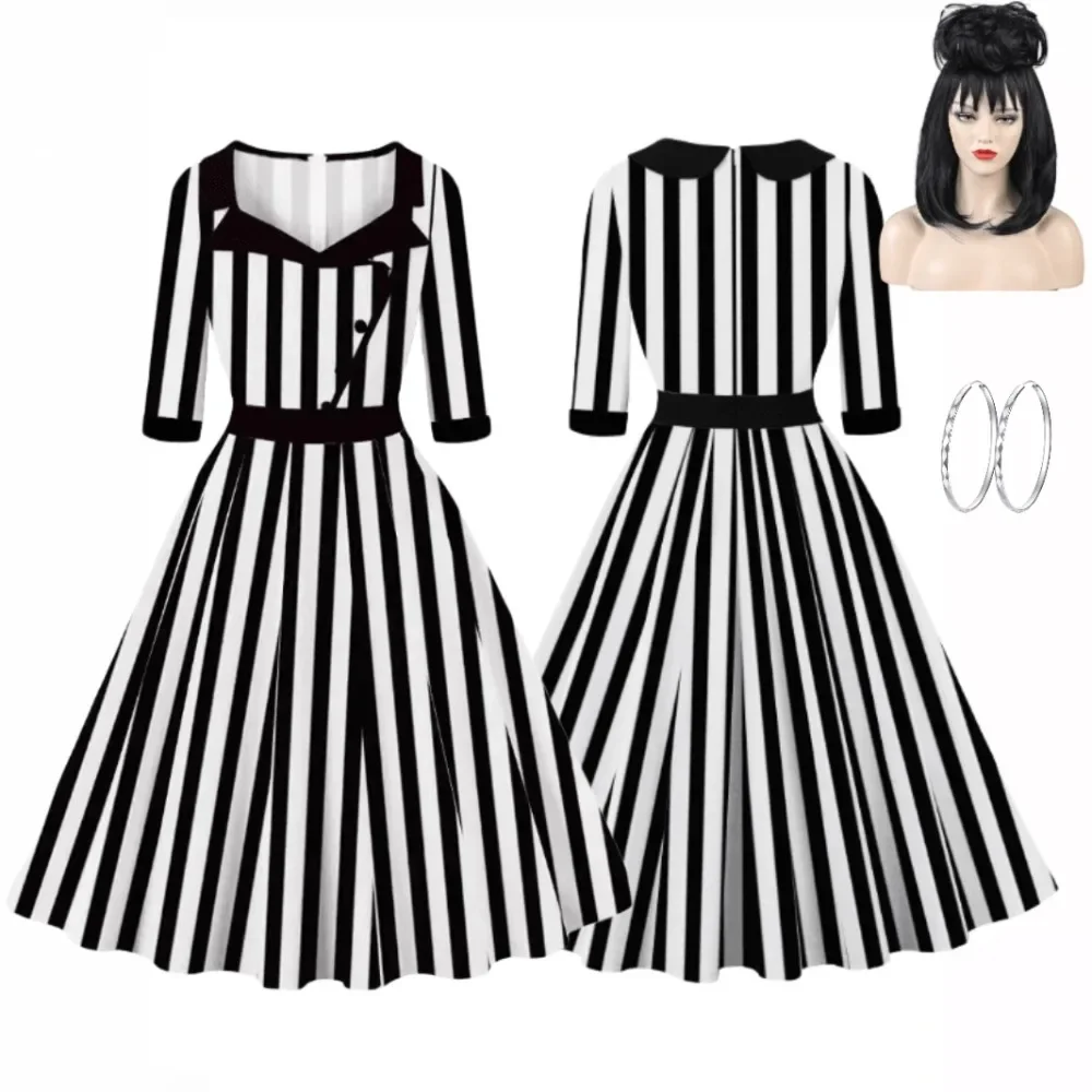 Movie Beetle Cosplay Costume  Horror Disguise Black White Striped Dress Suits for Women Outfit Halloween Carnival Party Clothes