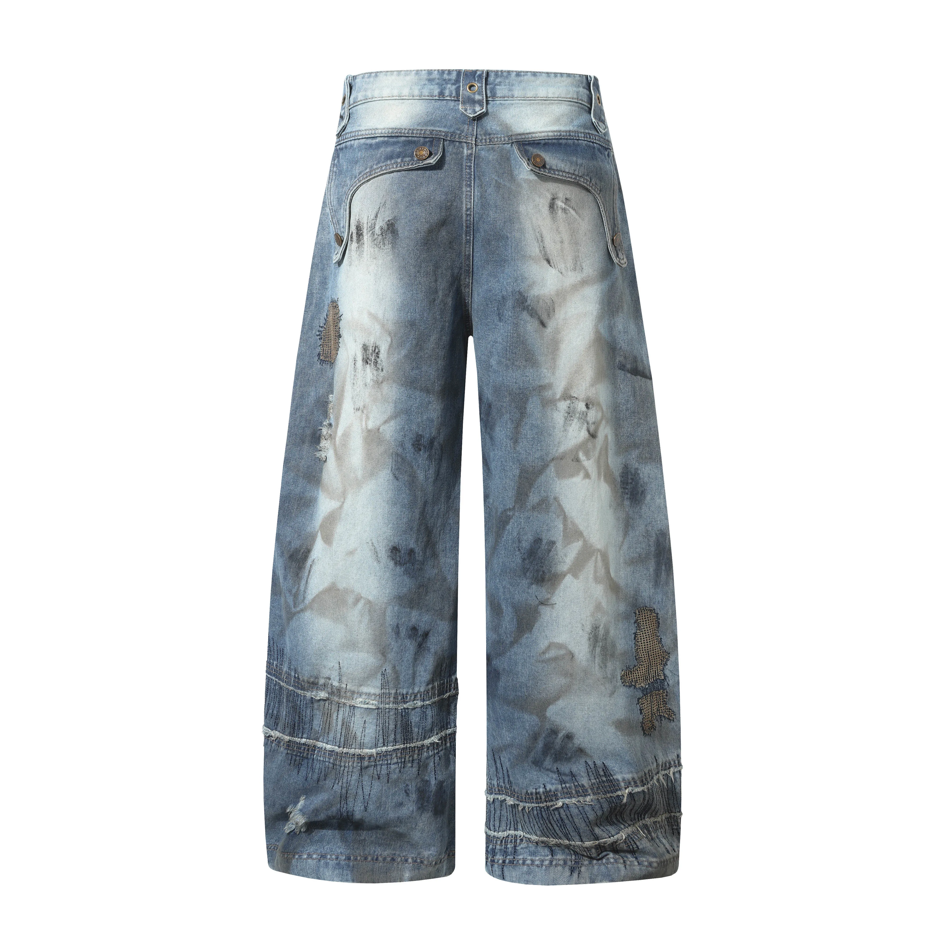 European and American style distressed vintage small-scale design patch sewn jeans wide-leg pants