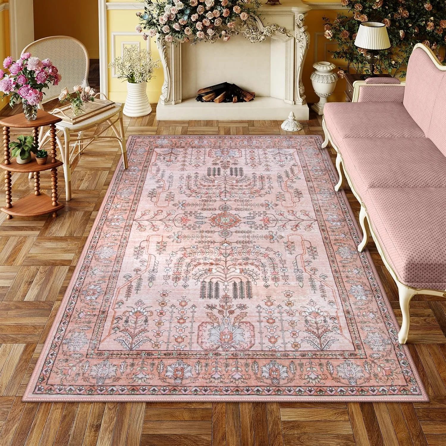 Pink Living Room Carpet Plant Flower Carpets Machine Washable Non-slip Rug Home Decoration Rugs for Bedroom Bedside Floor Mat