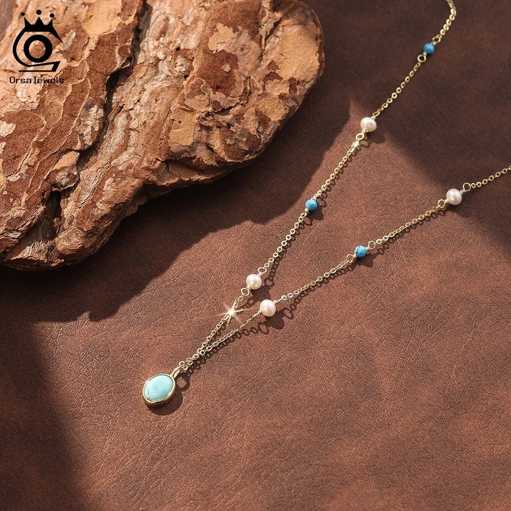

ORSA JEWELS S925 Silver Natural Stone Turquoise Chain Necklace for Women Retro Pearl Pendant Collar Neck Jewelry Gift MPN18