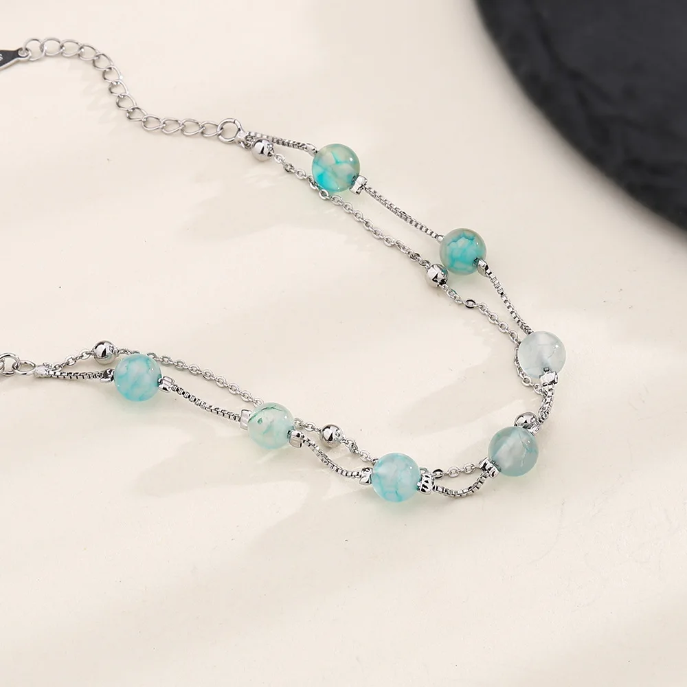 VENTFILLE 925 Sterling Silver Double Layer Agate Bracelet for Women Girl Green Texture Retro Sweet Romance Jewelry Dropshipping