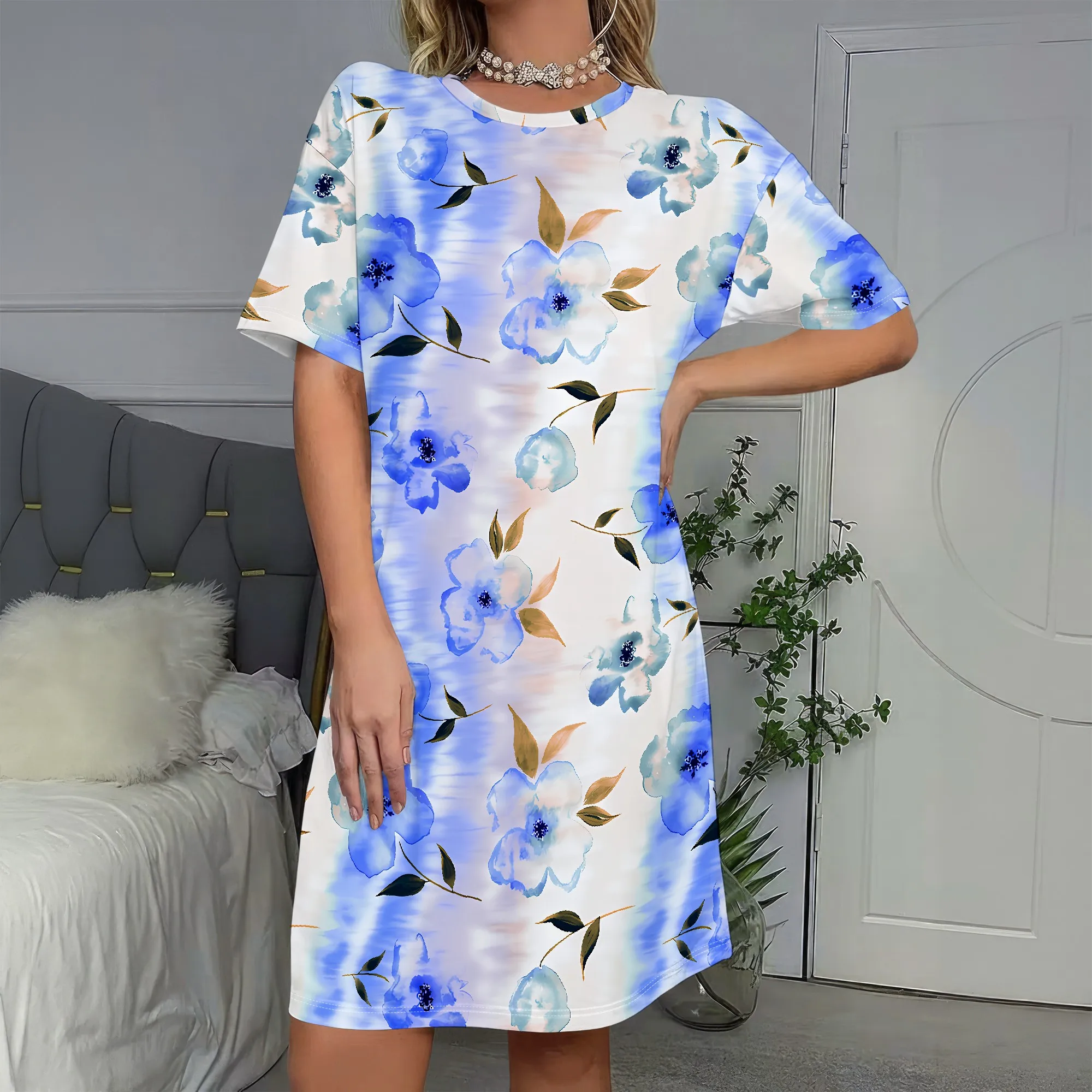 

Blue Floral Print, Short Sleeve Dress, Casual T-Shirt Dress, Summer Beach Wear, Lightweight Mini Dress, S-2XL