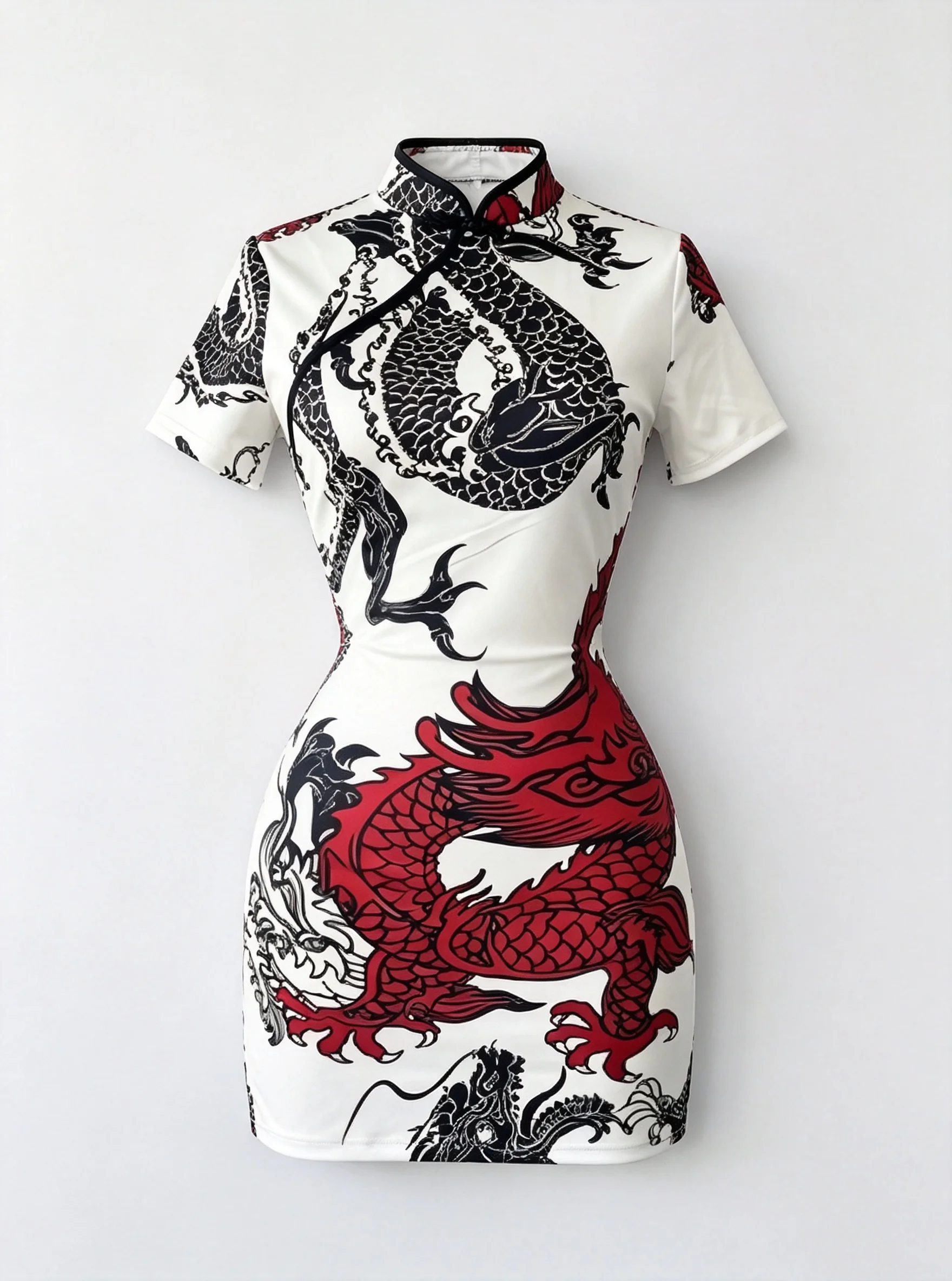 Damen Chinesischer Stil Drachen-Print Mini Qipao Kleid Kurzarm Stehkragen Bodycon Cheongsam Vintage Orientalisches Partykleid