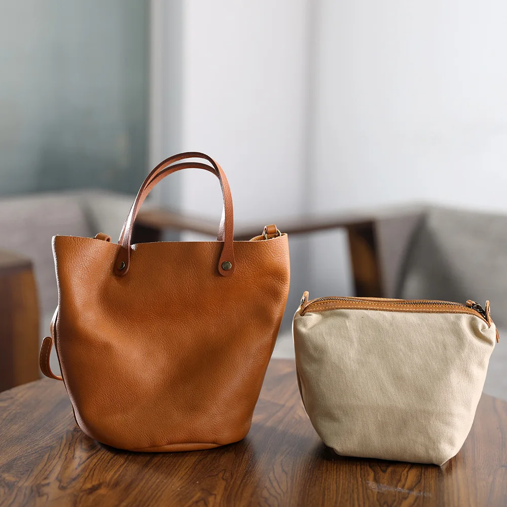 Handmade Retro 2026 New First-layer Cowhide Handbag Femininity Commuter Bag Genuine Leather Shoulder Messenger Bag Bucket Bag