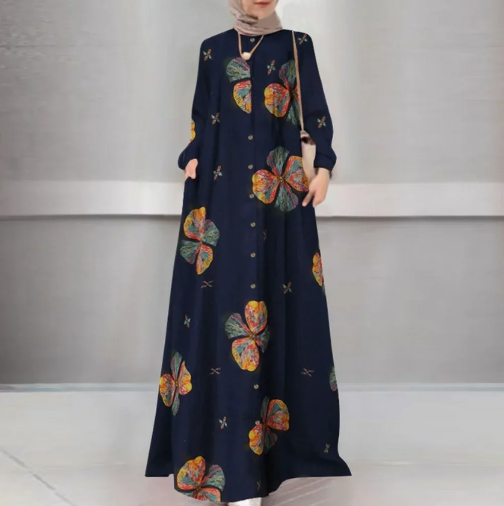 2025 Eid Mubarak Dress Women Hijab Abaya Kaftan Cotton Linen Big Swing Print Muslim Dresses Jilbab Ramadan Robe Islam Clothing