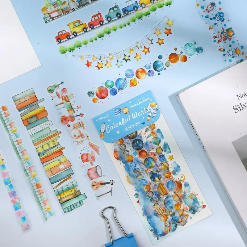 15pcs Handbook Material Decoration Package Cute  Animal Paradise Wonder Book Collage Long Strip Landscaping Sticker 186*60mm